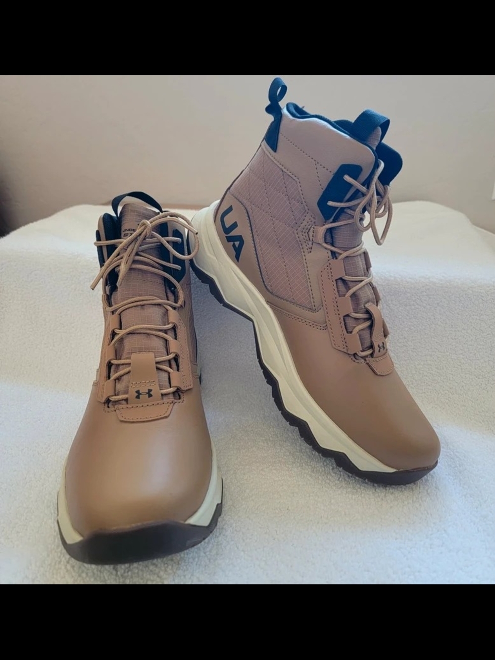 Under Armour UA Tan Hiking Boots with Blue Accent